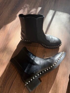 Stuart Whitzman Black Studded Chelsea Ankle Boots with pearl details